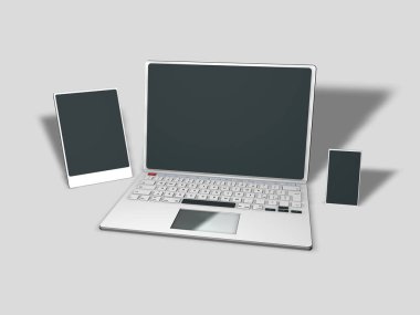 Tablet, dizüstü bilgisayar ve akıllı telefon nötr bir arka plan, 3d render