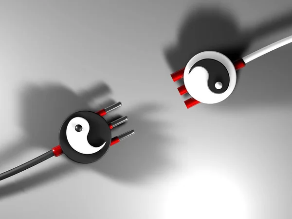 Electric plugs with yin and yang symbols, on neutral background, 3D rendering