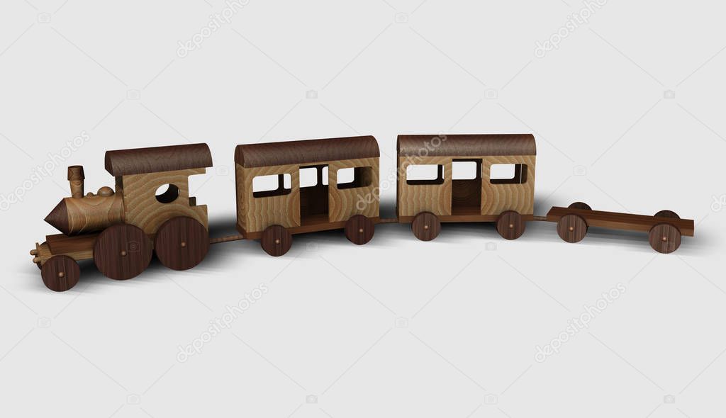 Wooden toy train on a neutral background, 3D rendering