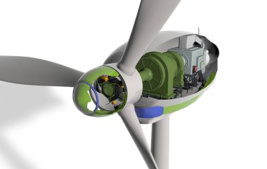 Internal view of a wind turbine on a neutral background, 3D rendering, 3D image clipart