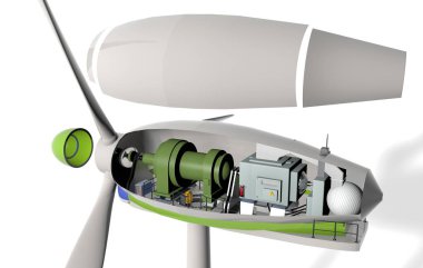Bir rüzgar türbini iç görünüm bir nötr arka plan, 3d render, 3d görüntü