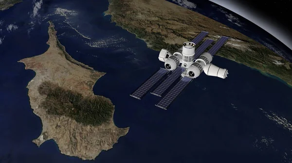 Aurora Space Station. Orion Space Station. Neutral 3D model in orbit around the earth. 3D rendering