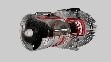 Jet motoru iç parçalar üzerinde nötr arka plan vizyonu ile. 3D render