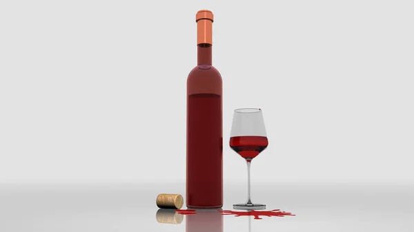 Botella Vino Ros Con Vidrio Sobre Fondo Neutro Renderizado — Foto de Stock