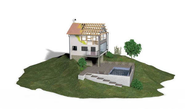 Model of a house under construction, 3D rendering, illustration