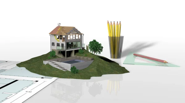 Model of a house under construction, 3D rendering, illustration