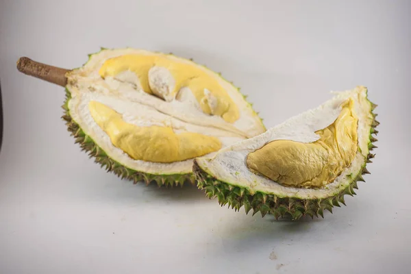 Świeżych Ciętych Kawałek Durian Białym Tle Król Owoców Tajlandii — Zdjęcie stockowe