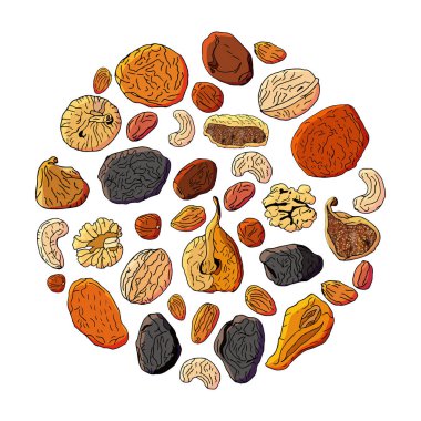 Farklı kurutulmuş meyve ve Nuts.Isolated beyaz zemin üzerine yapılmış daire.