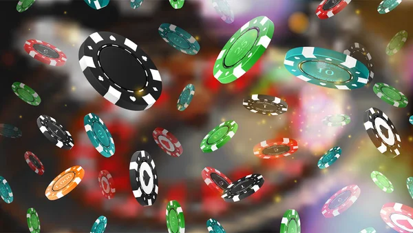 ブラーの背景とポーカーチップが落ちる 光る光の効果 ポーカーゲームテーマ イラスト — ストック写真