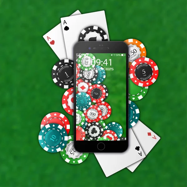 在手机 扑克牌上赌博在线赌场 矢量图解 被绿色背景隔离 — 图库矢量图片