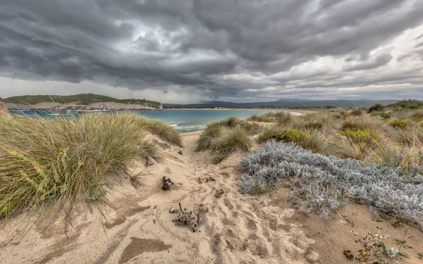 Dune Vegetationen Voidokilia Beach Mörka Dystra Himmel Vackraste Stränderna Medelhavet — Stockfoto