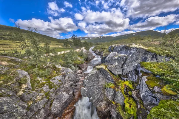 Fluxo Rio Selvagem Com Cachoeira Parque Nacional Hardangervidda — Fotografia de Stock