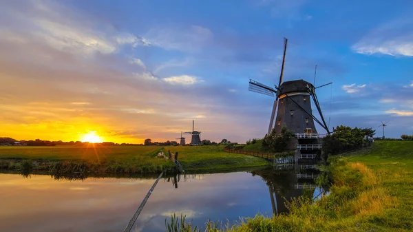 Three Historic Dutch Wooden Windmills Sunset Dutch Polder Landscape — Stock Photo, Image
