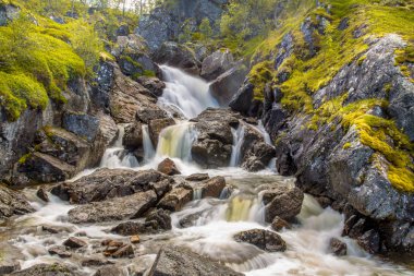 Uzun pozlama ve bulanık su akışı Hardangervidda'da Milli Parkı ile Norveç şelale