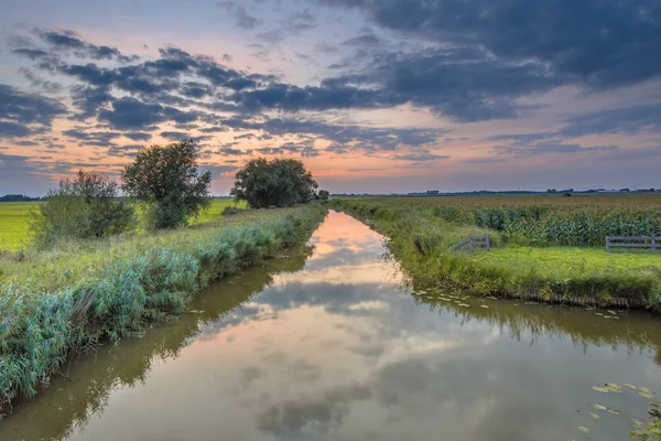 Canal Översikt Typiska Holländska Jordbrukslandskapet Färgglada Solnedgång Sky — Stockfoto