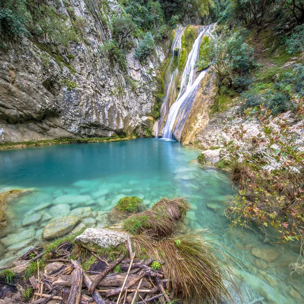 Kalamaris Waterfall River Turquoise Water Wide Angel View Mountain Valley — Stock Photo, Image