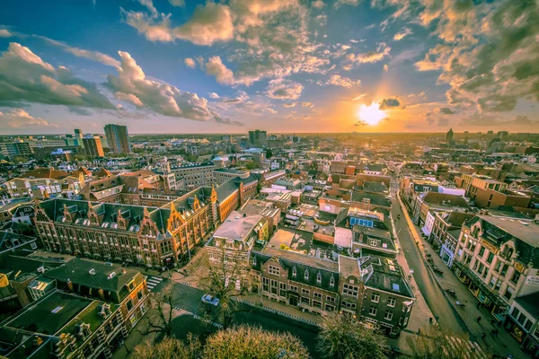 Helicóptero Vista Sobre Parte Histórica Ciudad Groninga Bajo Sol Poniente —  Fotos de Stock