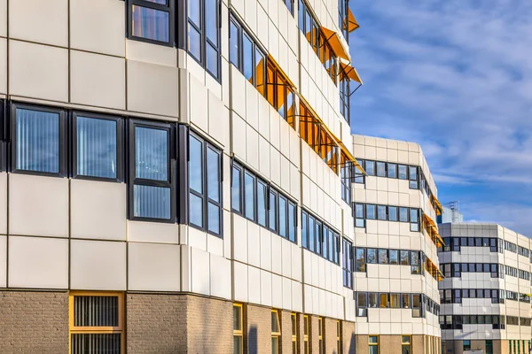 Klassische Weiße Und Schwarze Krankenhausgebäude Einer Reihe Unter Blauem Himmel — Stockfoto