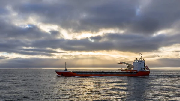 Freight Ship North Sea Dramatic Clouded Sky Just Sunset — Stock Photo, Image