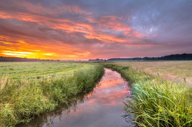 Sıcak renkli yaz gündoğumu ova nehir Oosterwolde, Friesland, Hollanda yakınındaki Grootdiep üzerinde