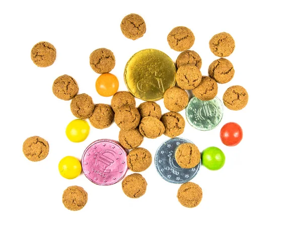 Bunch Scattered Pepernoten Cookies Chocolate Money Sweets White Background Annual — Stock Photo, Image