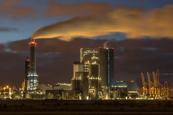 Planta Eléctrica Carbón Por Noche Con Humo Iluminado Europoort Maasvlakte — Foto de Stock