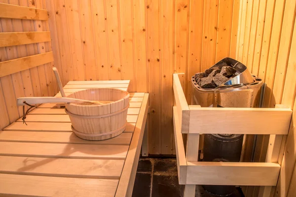 Sauna Finnish Style Interior Wooden Bucket Seats — Stock Photo, Image