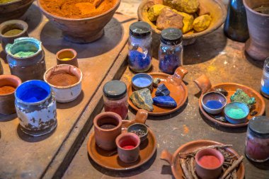 Mineral ingredients for Pigments powders for oil paints like they were made by dutch master painters in golden age 17th century in Amsterdam clipart