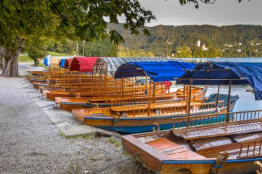 Geleneksel Pletna güzel lake Bled gemilerde. Arka planda bir uçurum St Mary's kilise ile ünlü adadır. Slovenya, Europe