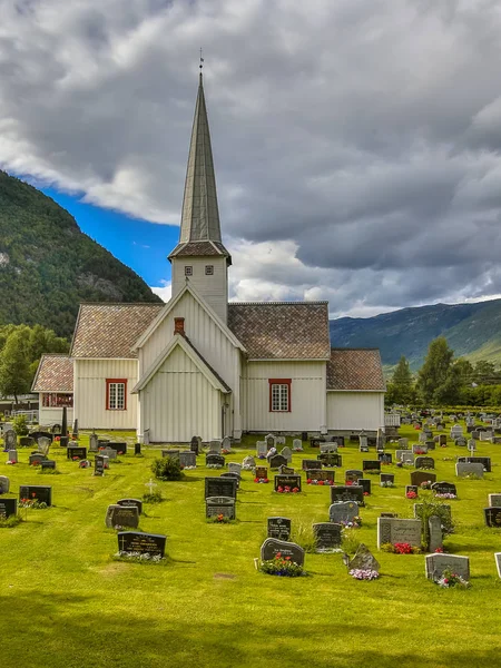 Oppland Noruega Agosto 2016 Selsverket Tradicional Iglesia Madera Blanca Con —  Fotos de Stock