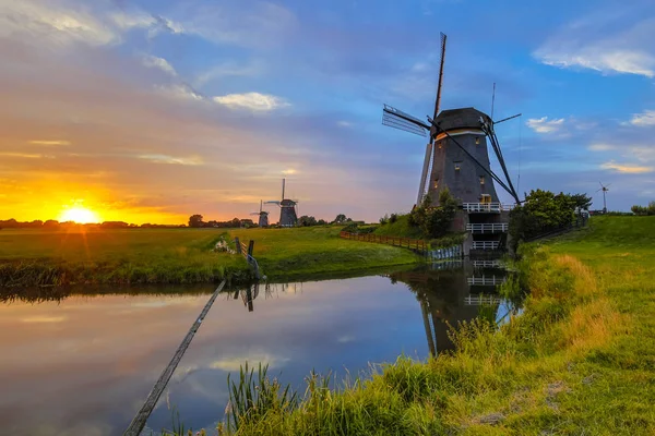 Drie Historische Houten Windmolens Een Rij Bij Zonsondergang Nederlands Polderlandschap — Stockfoto