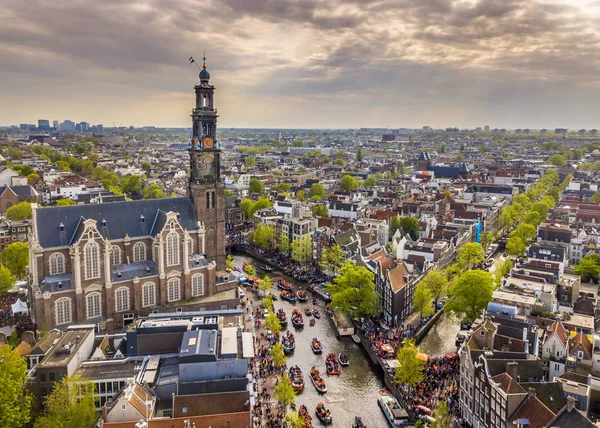 Amsterdam Aerial View Westerkerk Church Seen North Koningsdag Kings Day — Stock Photo, Image