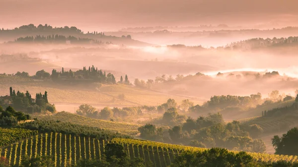 Terras agrícolas da Toscana com vilas e aldeias ao amanhecer — Fotografia de Stock