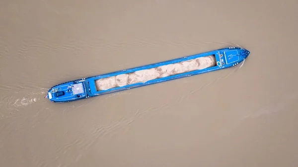 Top view inland freight ship loaded with sand — Stock Photo, Image