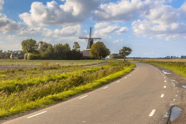Çiftlik boyunca uzanan kırsal yol ve yaz gökyüzü altında eski ahşap yel değirmeni olan tipik Hollanda manzarası, Groningen, Hollanda
