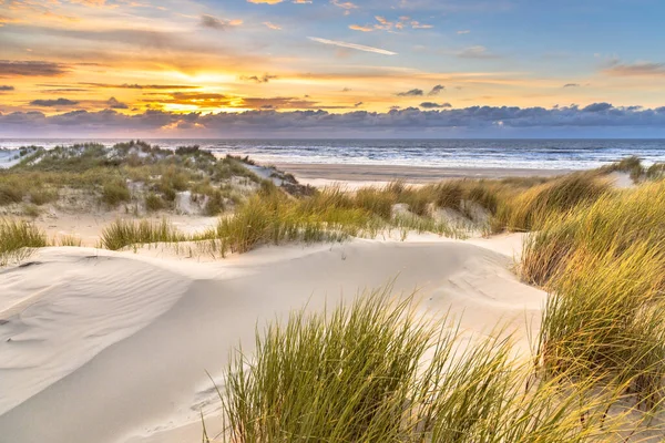View from dune top over sunset in North Sea from the island of Ameland, Friesland, Netherlands
