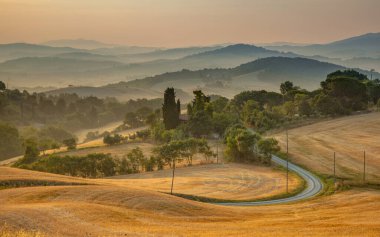 İtalya 'nın başkenti İtalya' da güneşli bir günde Floransa yakınlarında güzel sisli bir Tuscany tepesi manzarası