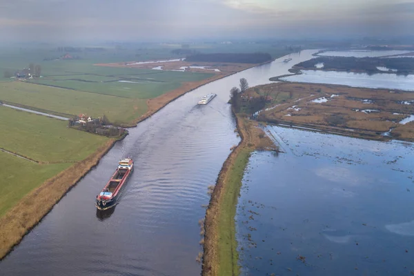 Vista Aérea Barcos Carga Canal Frisia Países Bajos — Foto de Stock