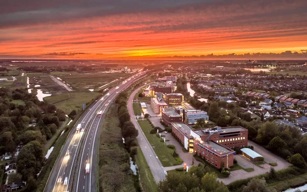 Luchtfoto Uitzicht Autosnelweg Aan Westkant Van Groningen Onder Oranje Zonsondergang — Stockfoto