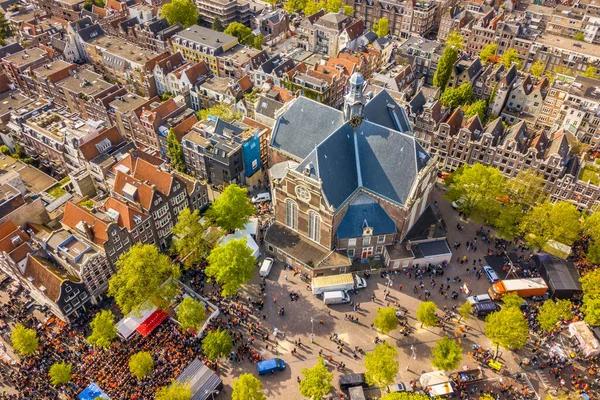 Amsterdam Widok Lotu Ptaka Noorderkerk Jordaan Uroczystości Dnia Królów Koningsdag — Zdjęcie stockowe