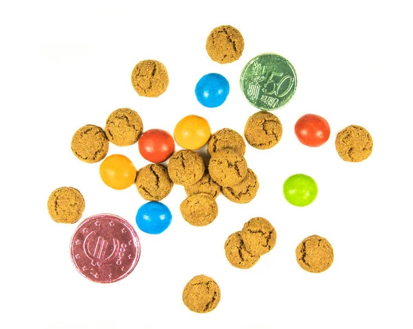 Bunch Scatter Pepernoten Cookies Chocolate Money White Background Annual Sinterklaas — Photo