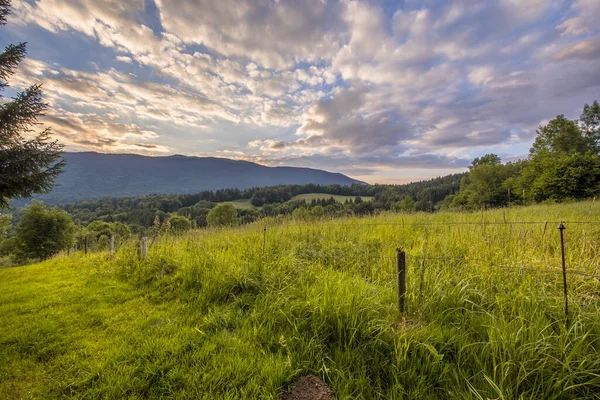 Paisaje Vista Sobre Prado Agrícola Los Alpes Franceses Alta Saboya —  Fotos de Stock