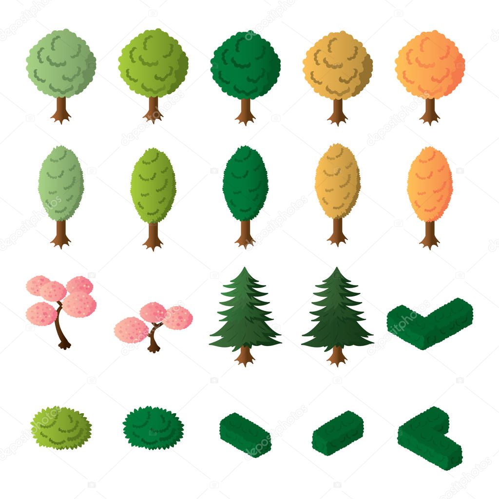 Isometric trees and bushes vector set. Isometric trees icon set.