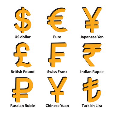 3D sembolü Icons set para birimleri. Dolar, Euro, Rublesi, Yuan, Yen, Lira, İsviçre Frangı, Hint Rupisi ve İngiliz Lirası. Vektör
