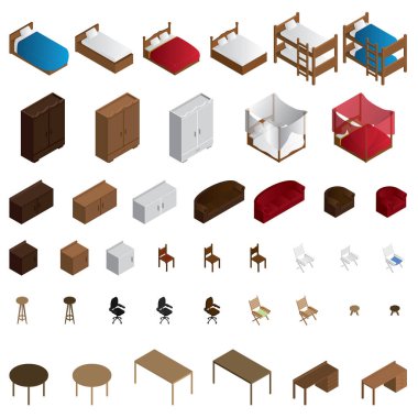 İzometrik mobilya Icon set. Vektör. İzometrik vektör mobilya set.