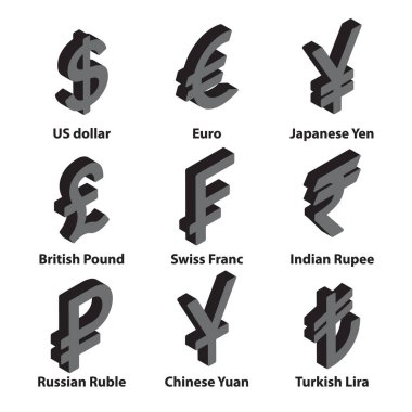 Para birimleri izometrik sembol simgeler kümesi. Dolar, Euro, Rublesi, Yuan, Yen, Lira, İsviçre Frangı, Hint Rupisi ve İngiliz Lirası. Vektör