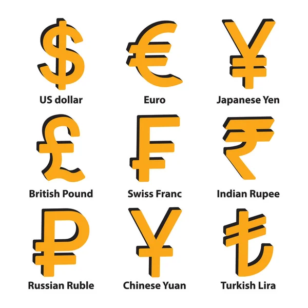 Moedas Conjunto Ícones Símbolo Dólar Euro Rublo Yuan Iene Lira —  Vetores de Stock