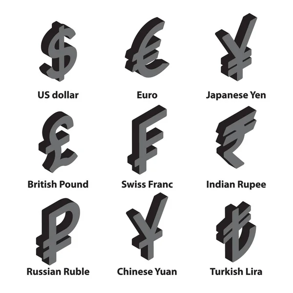 Sada Ikon Izometrické Symbolů Měny Dolar Euro Rubl Yuan Jenu — Stockový vektor