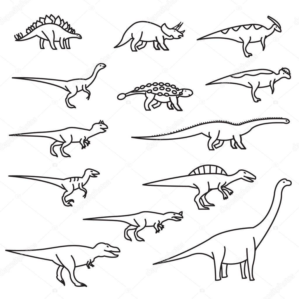 Dinosaurs thin line icon set. Vector outline icons set.