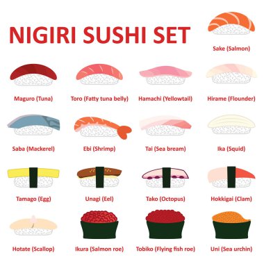 Nigiri suşi Icon set. Japon mutfağı. Vektör. 